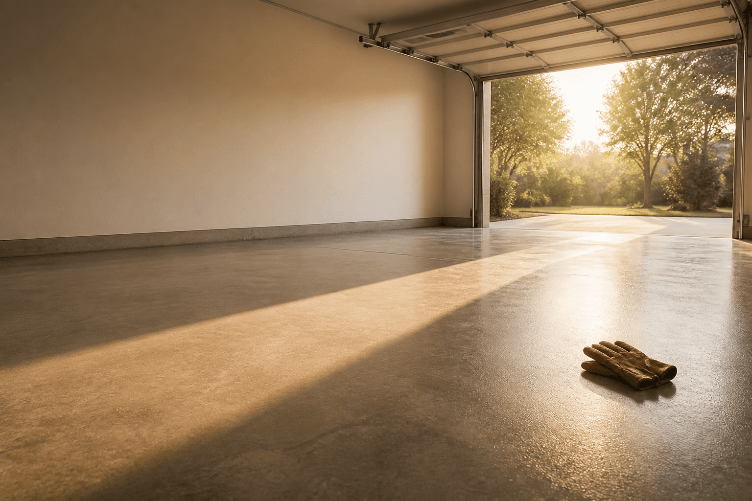 An emptied garage at golden hour with a pair of work gloves left on the floor