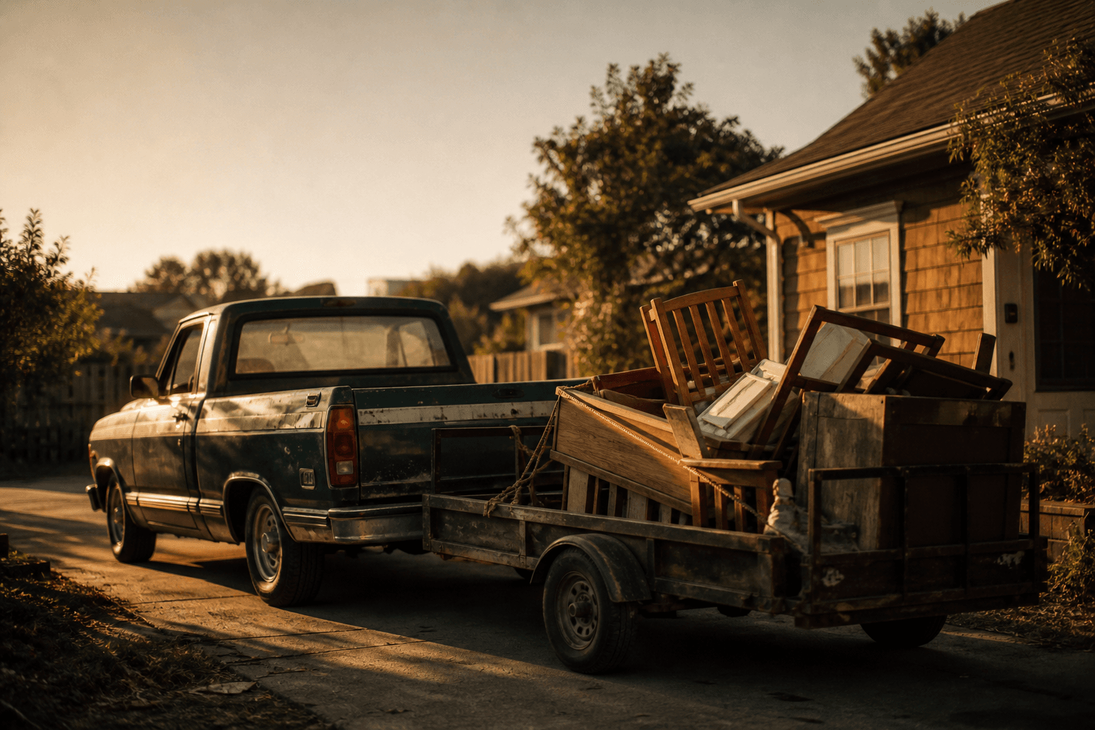 A loaded trailer parked outside a home