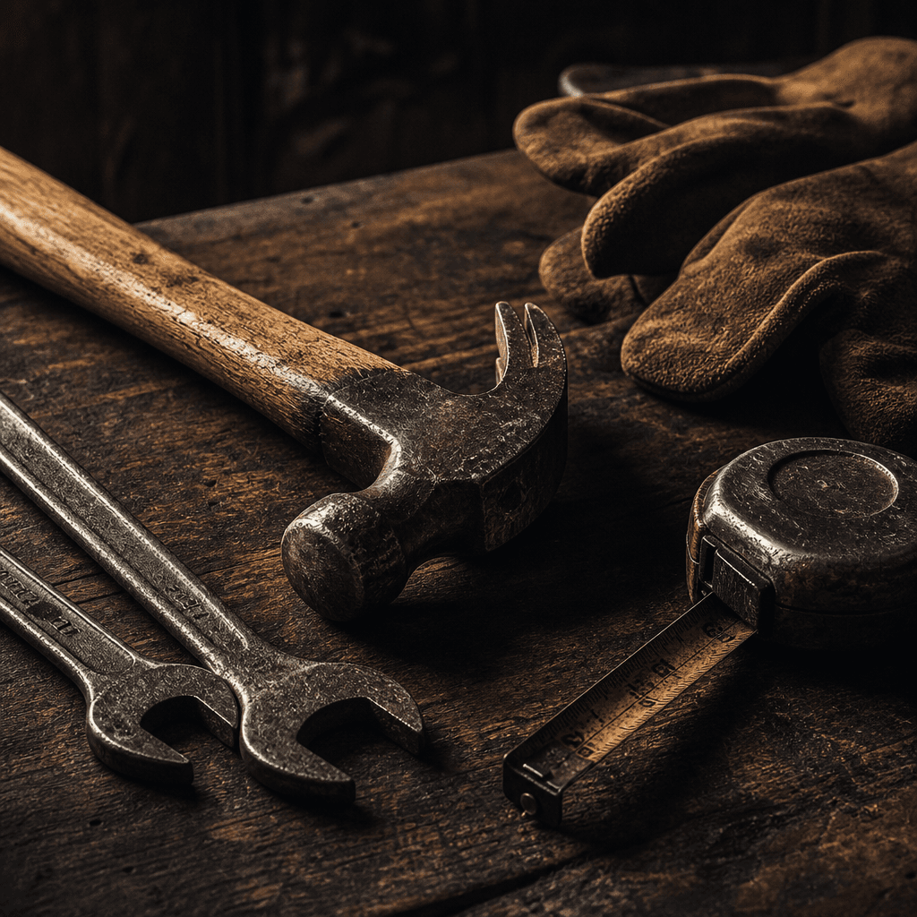 Worn hand tools on a workbench